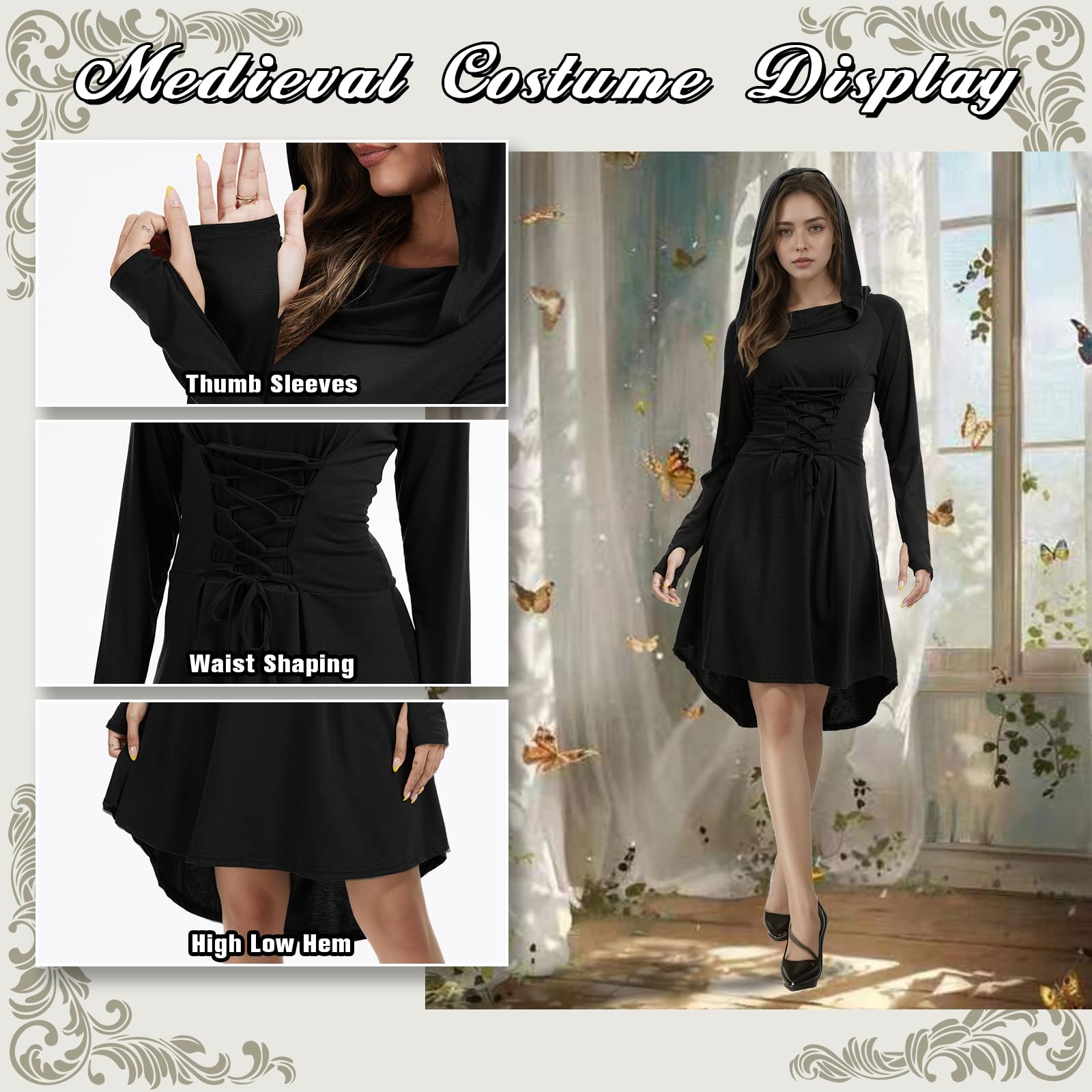 Robe Medievale Femme, Costumes Renaissance Capuche avec Lacets Vintage Pull Hoodie Gothique
