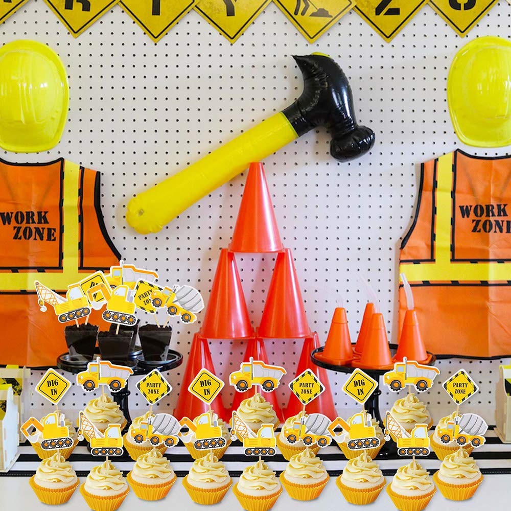 36 PCS Construction Theme Cupcake Toppers Construction Signs Trucks