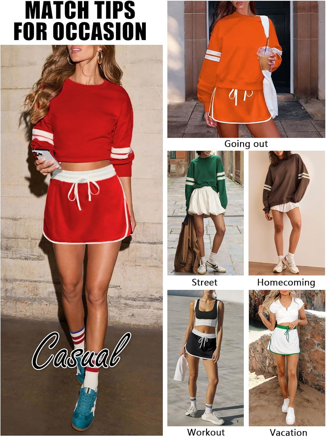 Women's Striped Sweatsuits 2 Piece Set Crewneck Sweatshirt Skort Sets Fall Athletic Tennis Golf Matching Outfits - Image 5