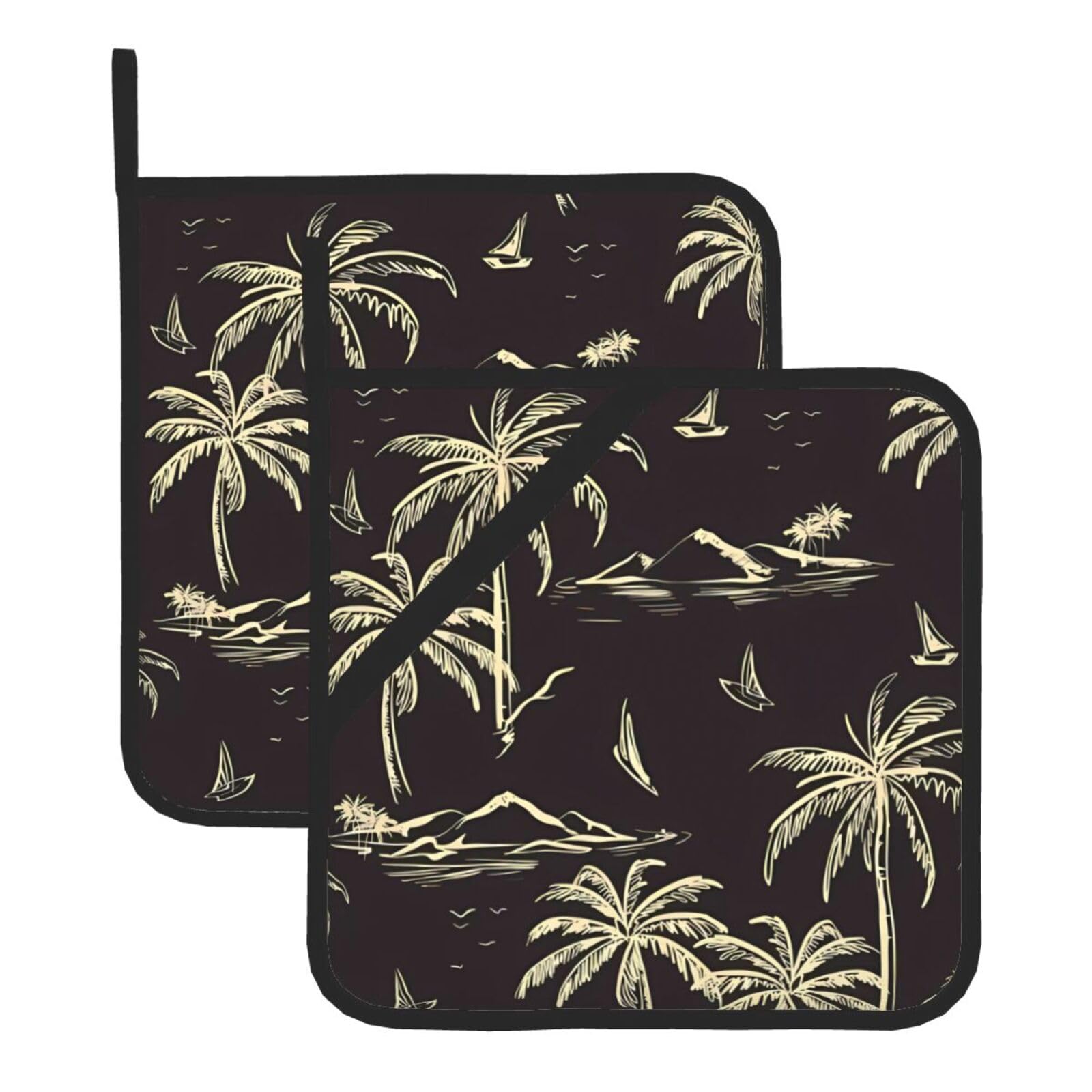 WHJDPP Palm Tree Prints Square Hot Pads for Kitchen Counter - Waterproof Pot Holders Set of 2, Heat Resistant Trivets with Pocket & Hanging Loop for Serving, Oven & BBQ