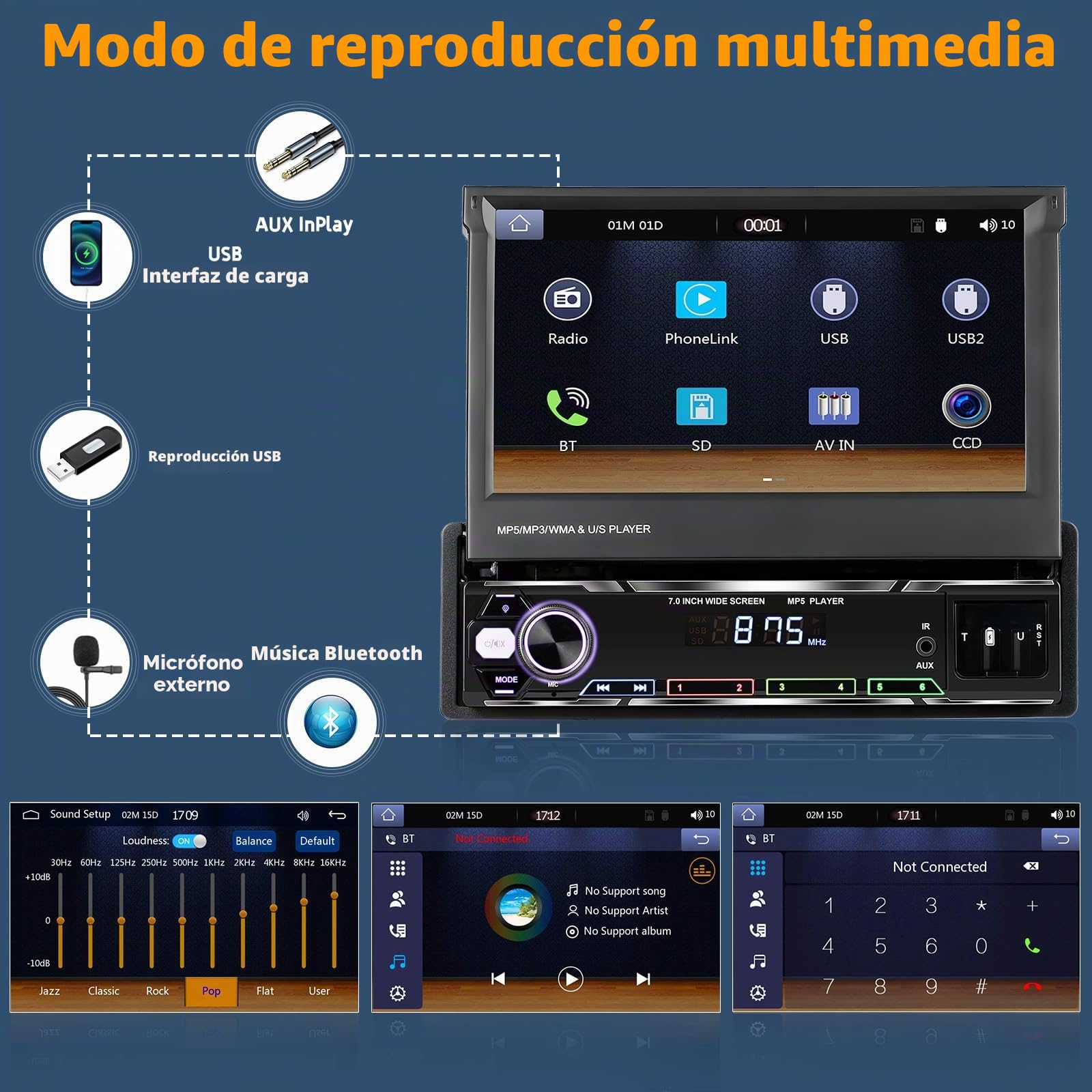 Hikity Radio de Coche 1 DIN con Pantalla Retráctil de 7 Pulgadas Inalámbrica Carplay Pantalla Radio 1 DIN con Bluetooth Android Auto EQ FM AUX USB Mirror Link Cámara de Visión Trasera