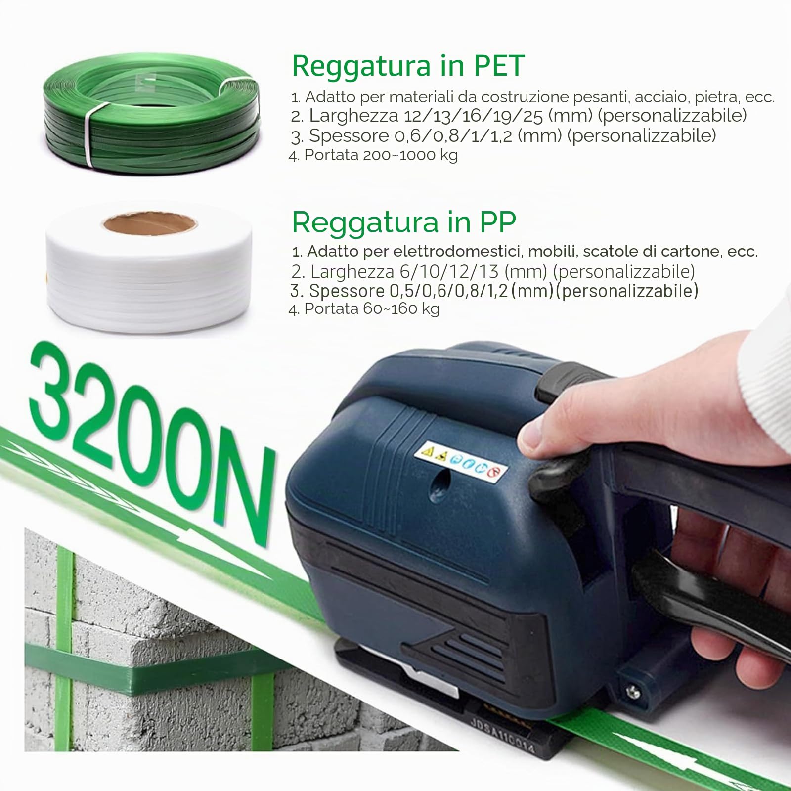 Tendireggia Elettrica, Tendireggia Automatica, Batteria da 4000mha, per Reggiatrice Elettrica Portatile da 1/2in-5/8in PP/Pet con Schermo LCD