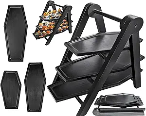 20'' Tall Halloween Serving Dishes 3 Tiered Coffin Tray, Halloween Party Supplies Black Cupcake Stand Dessert Food Decor, Solid Sturdy Wood Enough Space