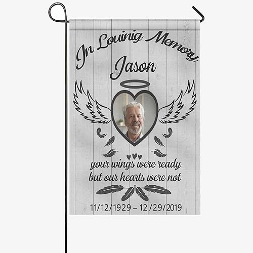 Bandera conmemorativa personalizada para jardín, en memoria amorosa, bandera de condolencias personalizada con nombre y fecha de foto, banderas de