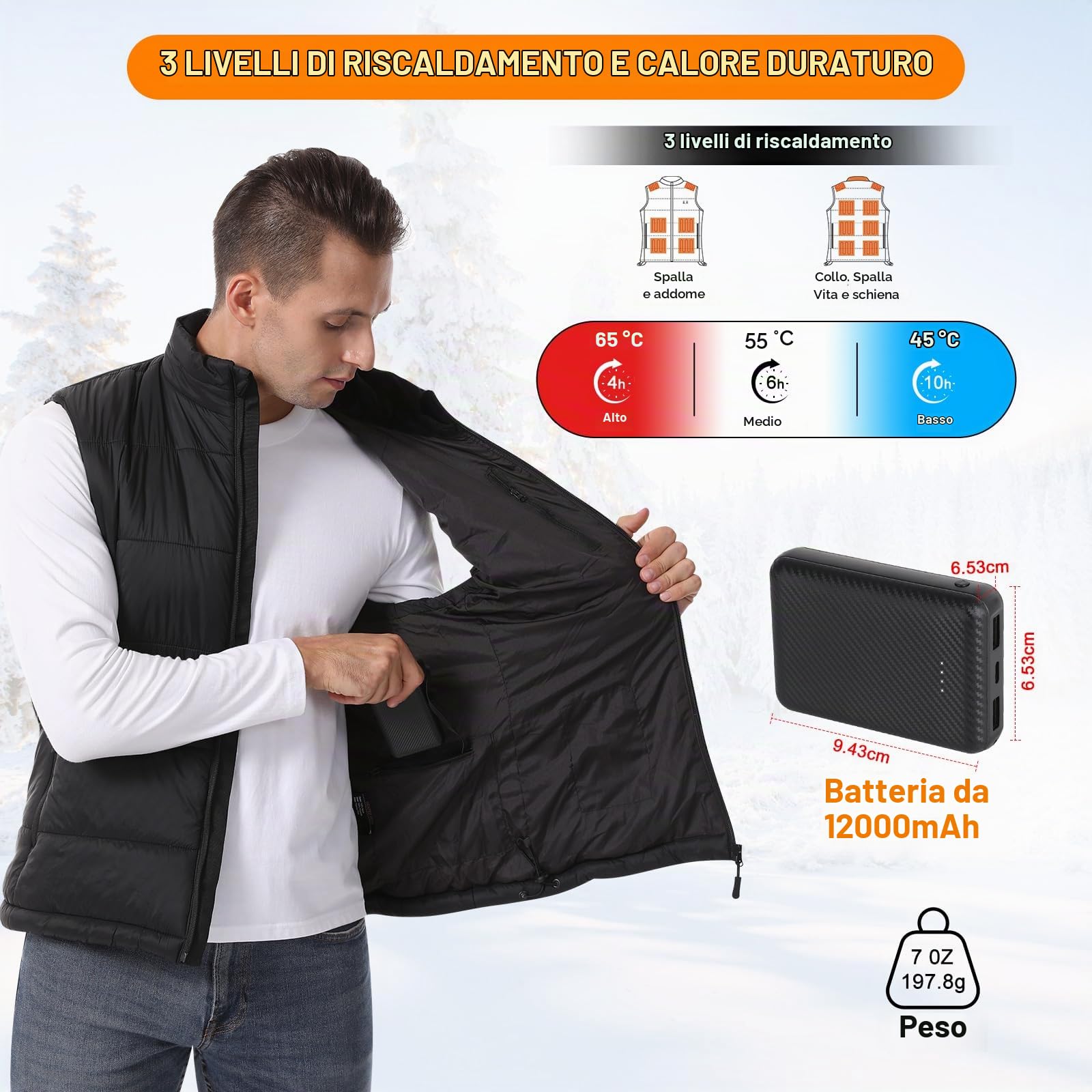 Gilet Riscaldato Uomo, 15 Zone Riscaldanti Giubbotto Riscaldato con Powerbank, Giubbotto Riscaldabile con Caricatore Portatile 12000mAh ＆ 3 Livelli di Temperatura, per Sci e Campeggio