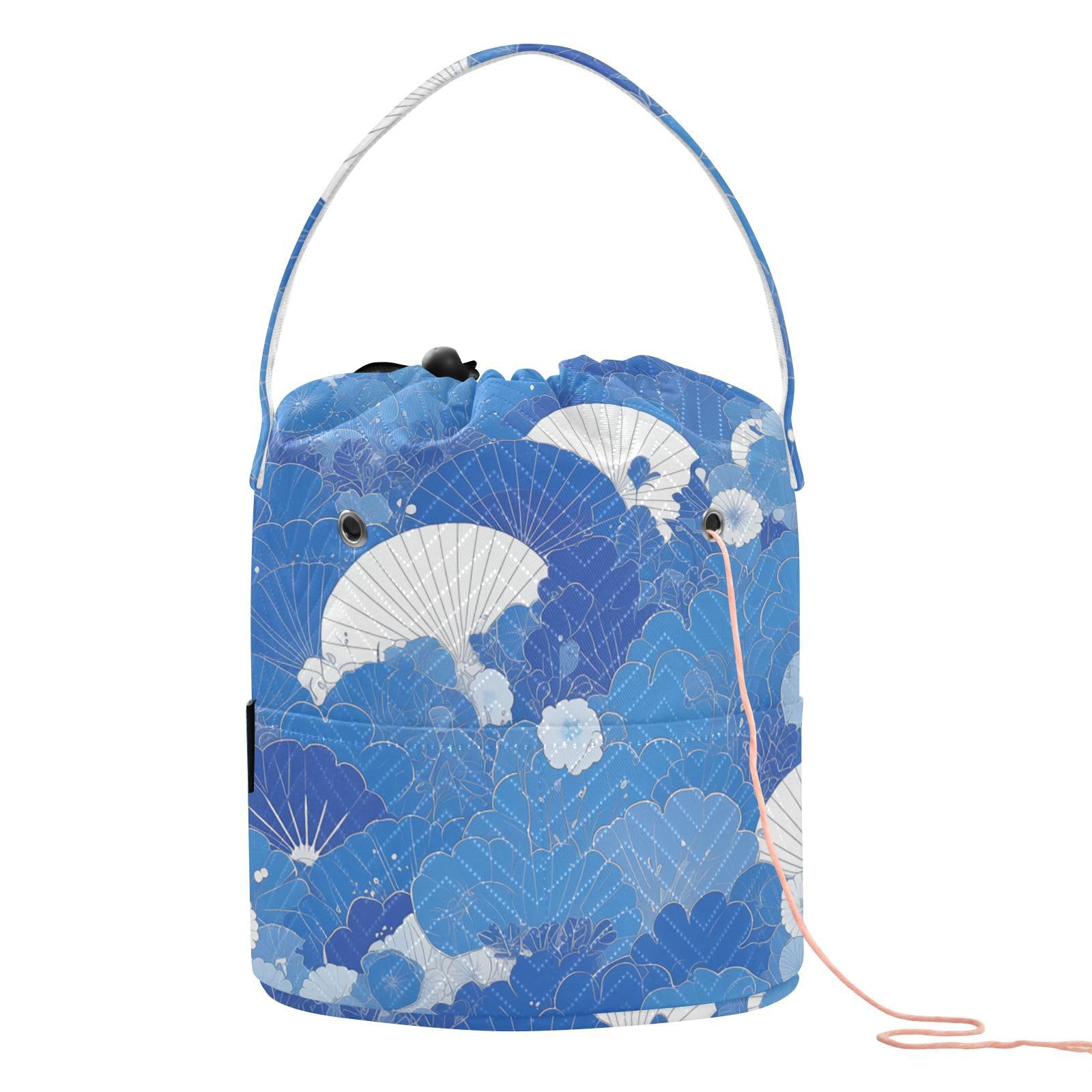 Japanese Style Fan Gold Blue Crochet Bags Crochet Bag Kit Portable Travel Storage for Knitting Tools Knitting Organizer