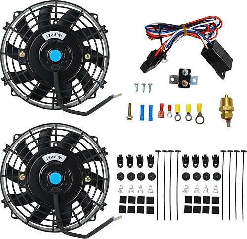 BLACKHORSE-RACING Ventiladores de refrigeración de radiador eléctrico universal de 16 pulgadas + relé de termostato y kit de montaje (2 piezas)
