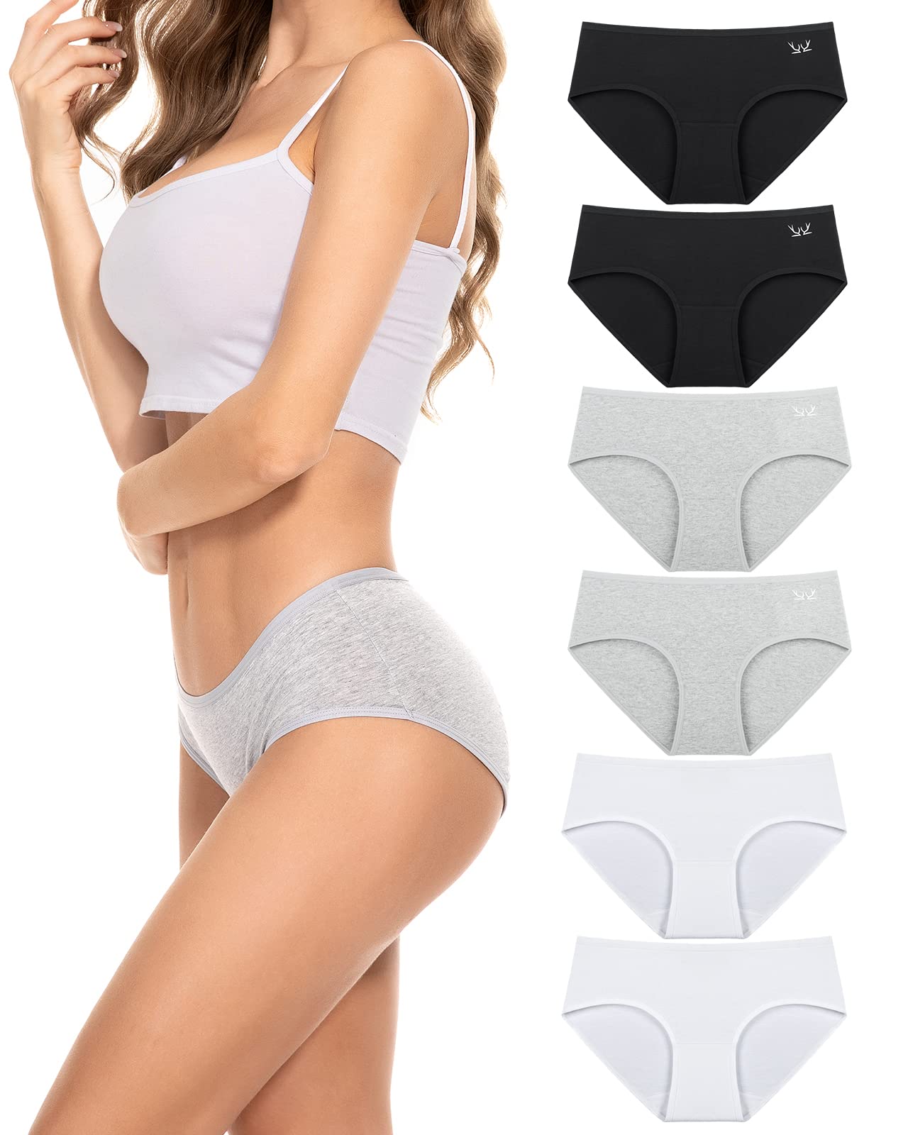 PULIOU Unterhosen Damen Baumwolle Stretch Unterwäsche Frauen Slips Mittel Taille Atmungsaktiv Panties Hipster Mehrpack 6er Pack, Schwarz Weiß Grau XL
