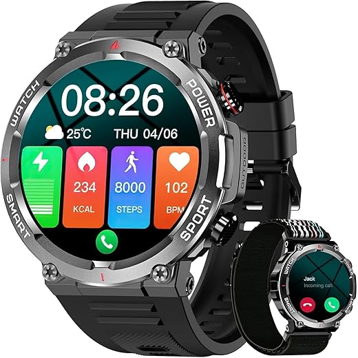 Smartwatch Militar Masculino,Relógio Inteligente com Chamadas,Tela HD de 1.39",2 Alças,100+ Modos Esportivos,Resistente à Água e Compatível com iOS e Android