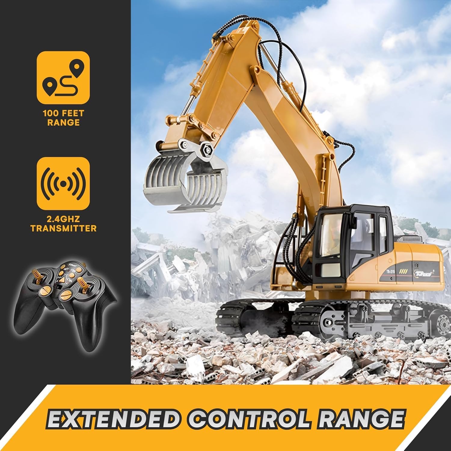 Top Race TR-215 RC Excavator with remote control, showing 100 feet range and 2.4GHz transmitter icons