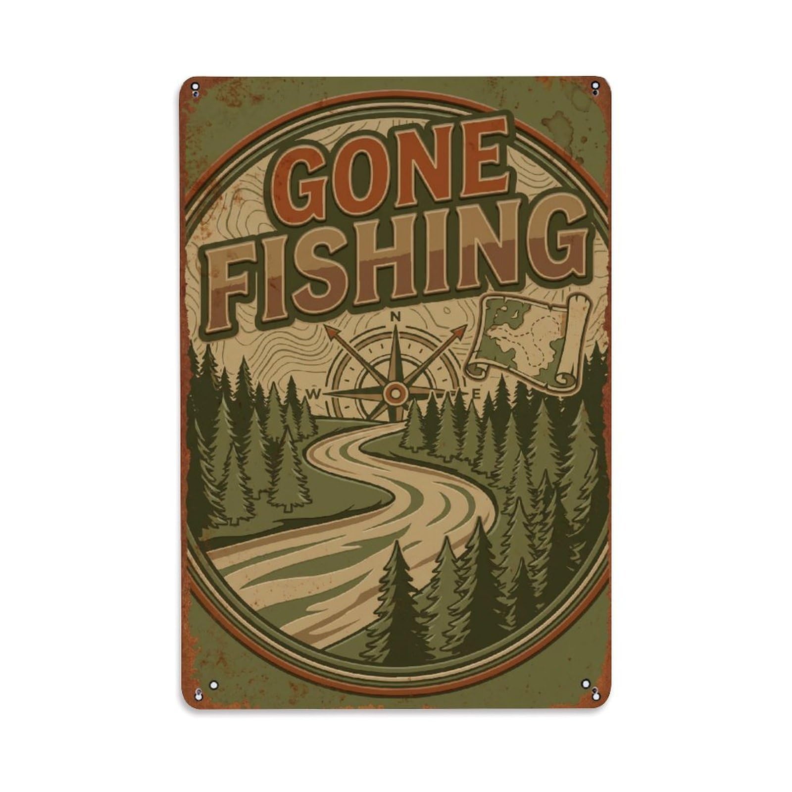 Gone Fishing River Explorer Vintage Metal Tin Sign Plaque Wall Decor for Cafe, Club, Garden Metal Poster 8x12Inch