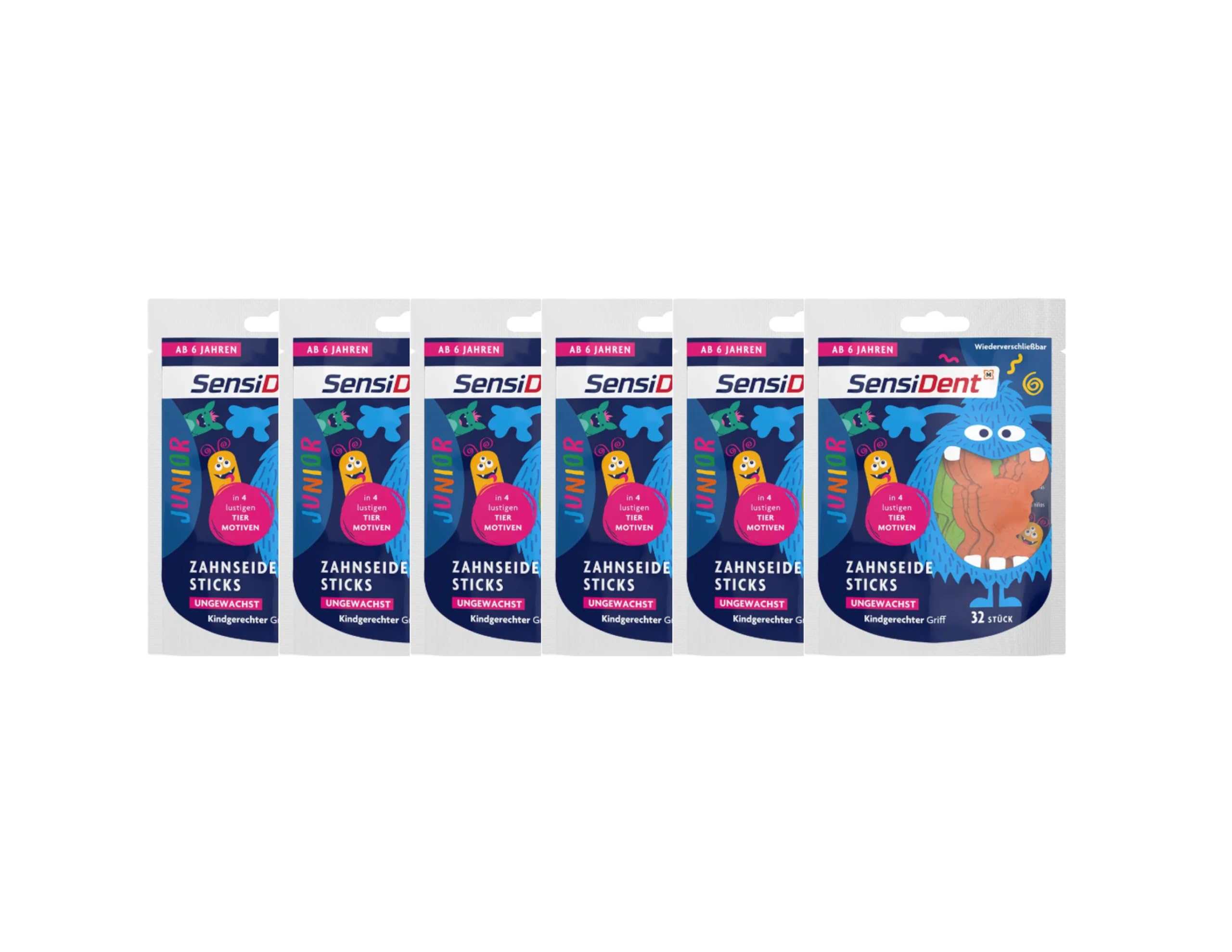 6 x Sensident Junior Patyczki z nicią dentystyczną, niewoskowane