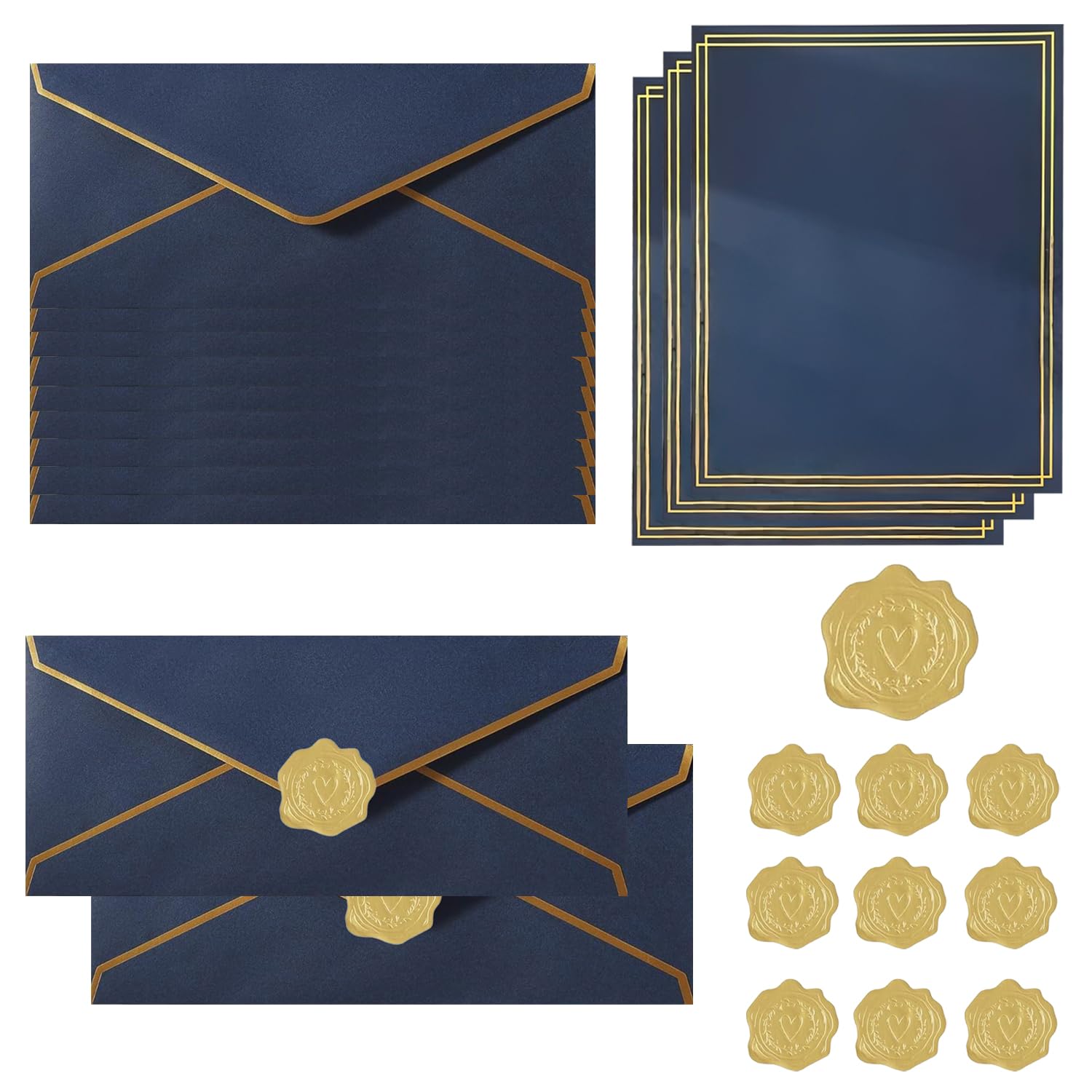 TIHNY 20PCS Invitation Envelopes with 24PCS Letter Paper, V-Flap Envelopes & Gold Stickers, Perfect for Business, Cards, Celebrations, Dark Blue, 9.49 x 4.13 Inches