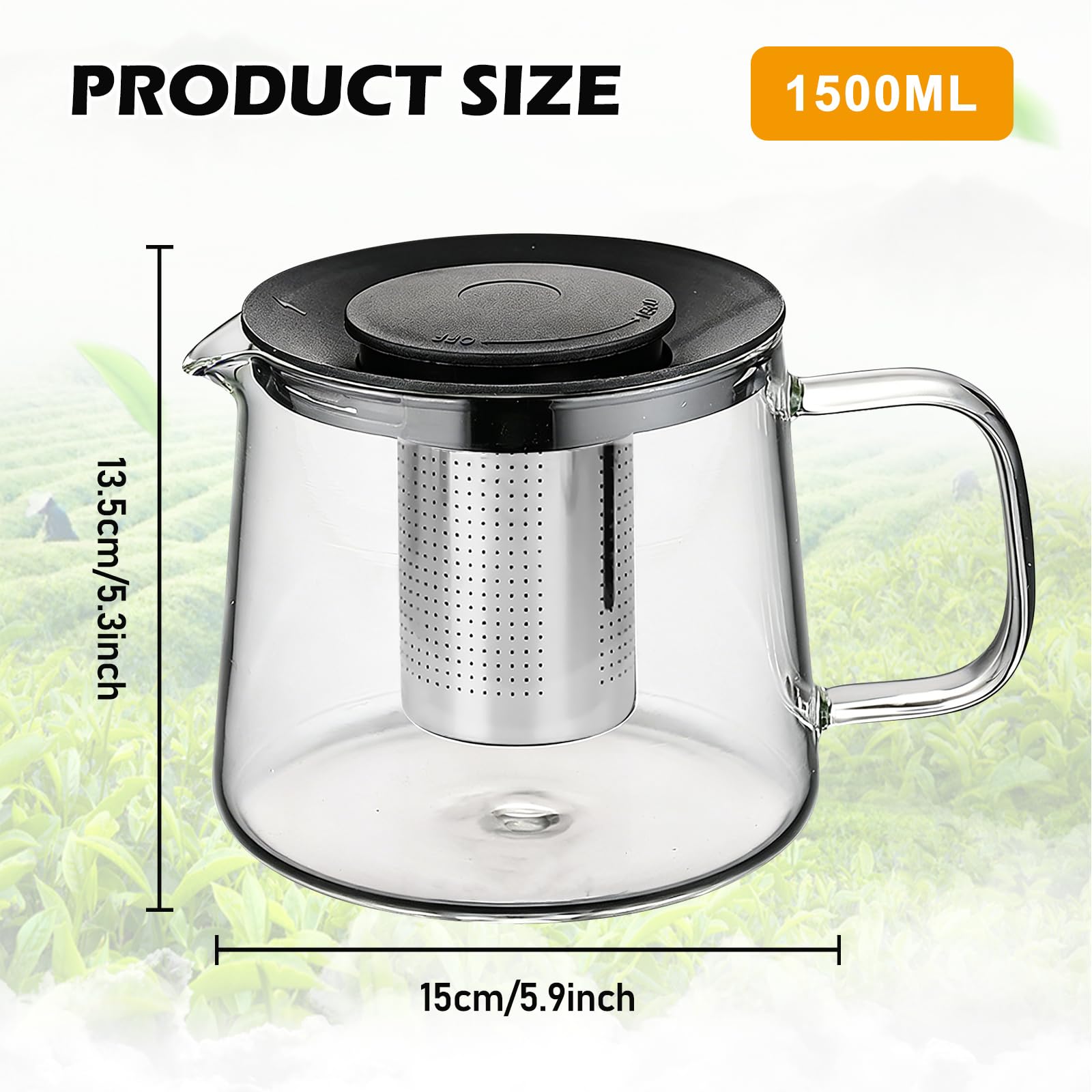 Teiera in vetro da 1500 ml, caraffa in vetro borosilicato con infusore rimovibile, lavabile in lavastoviglie, ideale per tè, caffè, tè alla frutta e tè alle erbe (nero)