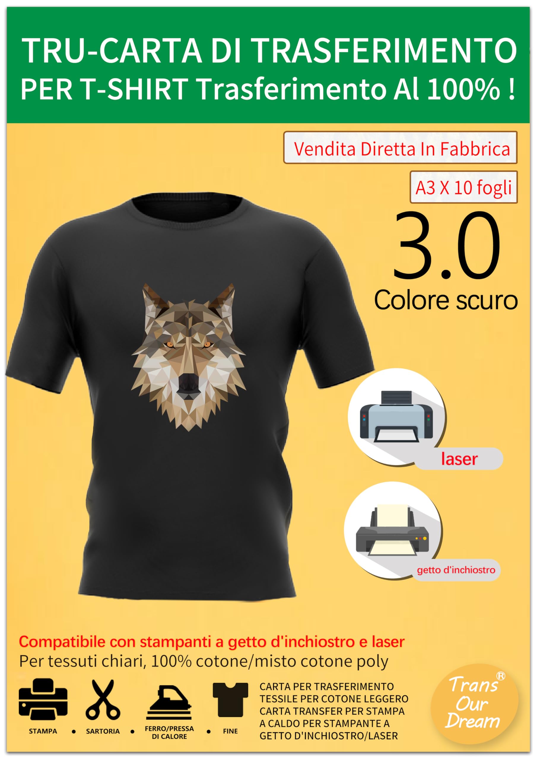 TransOurDream Carta per trasferimento in Tessuto per Cotone Leggero, stampanti a Getto d'inchiostro e Laser, Carta per trasferimento in Tessuto, Fogli A4X10, Colore: Scuro（I-D-3.0-11）
