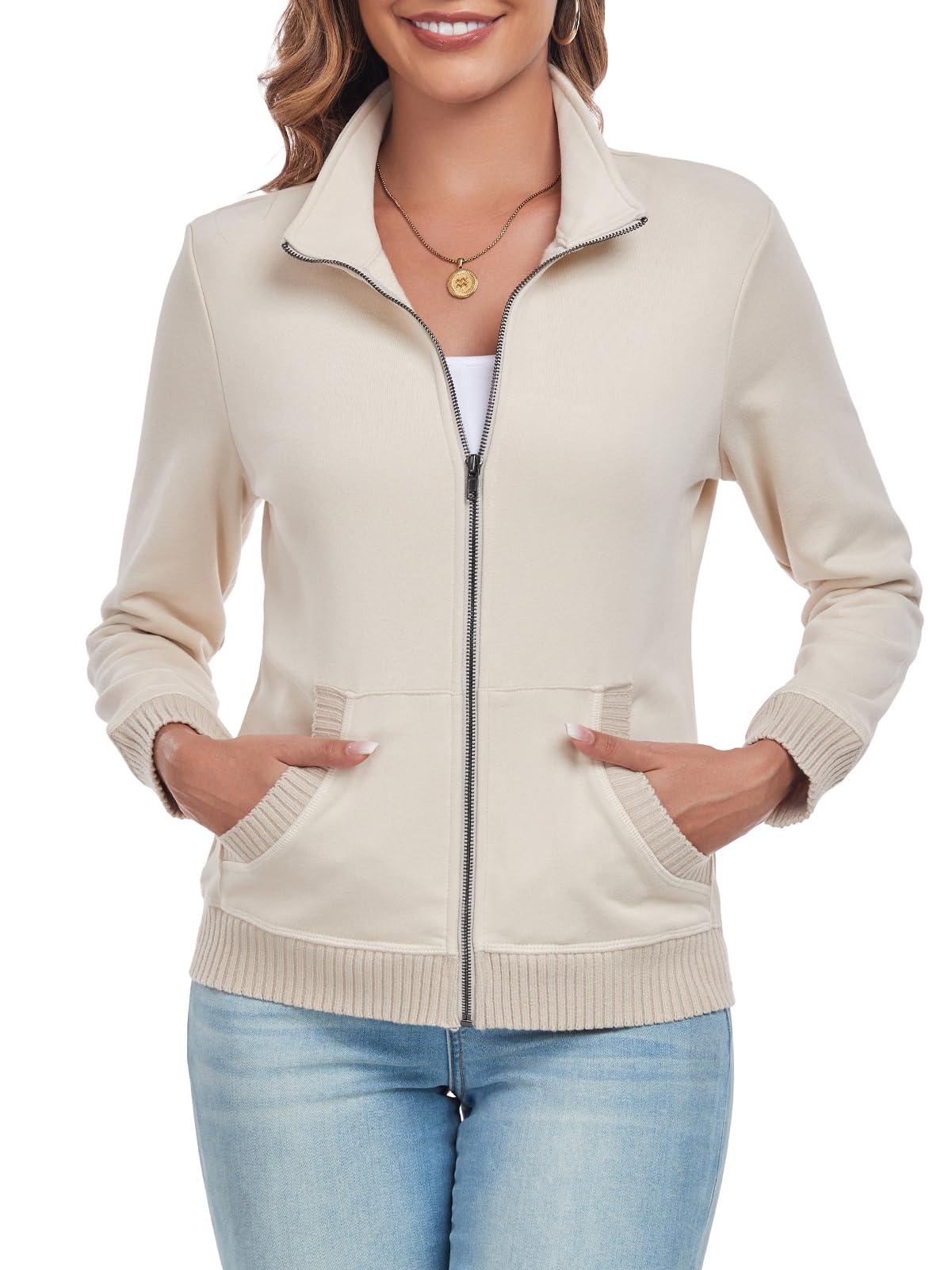 Fiophywomens Zip Up Sweatshirt Jacket Stand Collar Long Sleeve