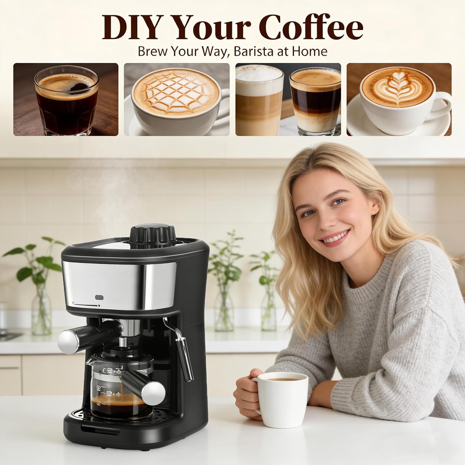 Semi-Auto Espresso Machine with Milk Frother & Coffee Maker, 900W 3.5 Bar Pump, Auto Pressure Relief, Removable Drip Tray, Coffee Machine for Latte Cappuccino