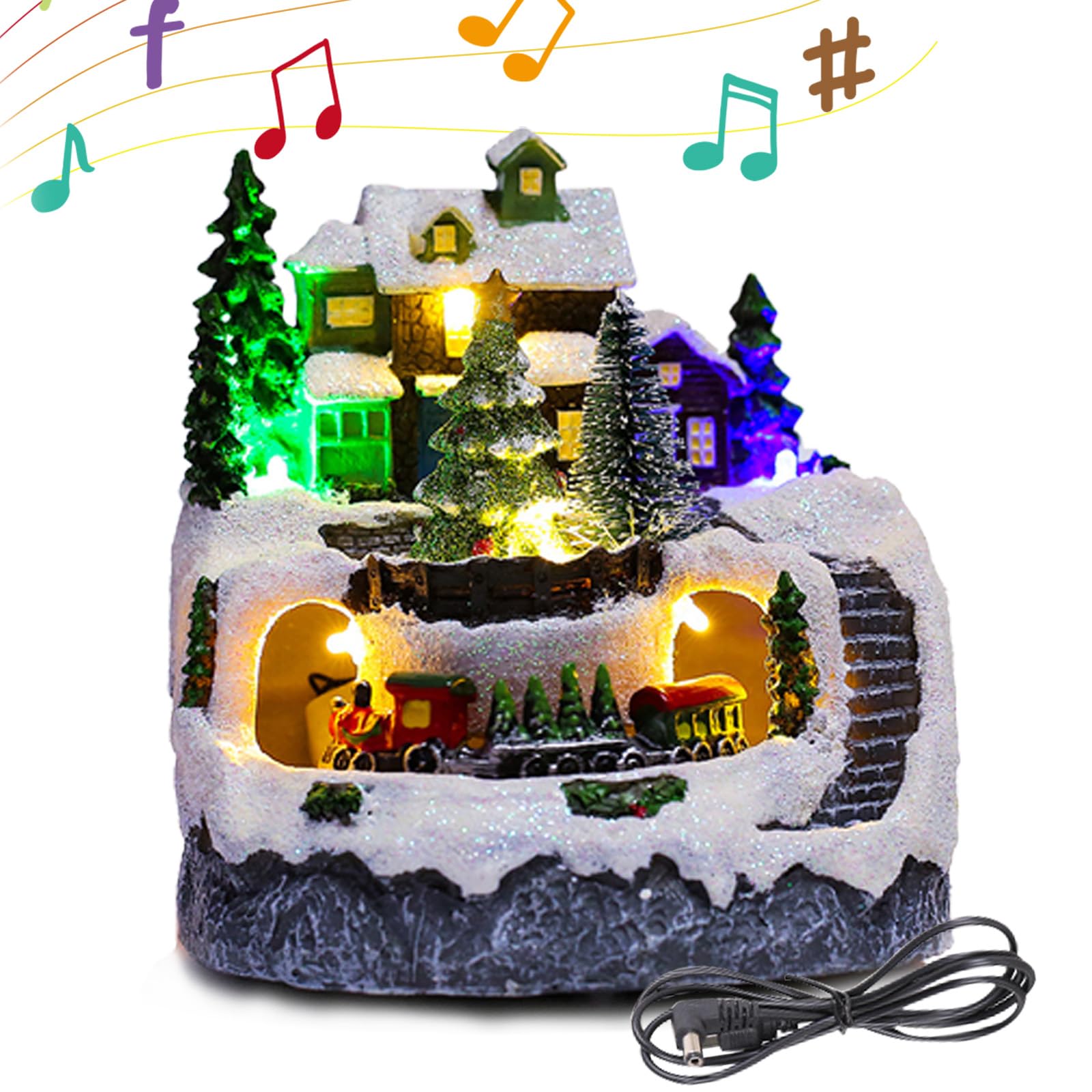 Christmas Village House LED Lighted Musical Christmas House with Moving Train and 8 Music Resin Xmas Collectible Building House for Snow Globe Holiday Vintage Christmas Home Decor