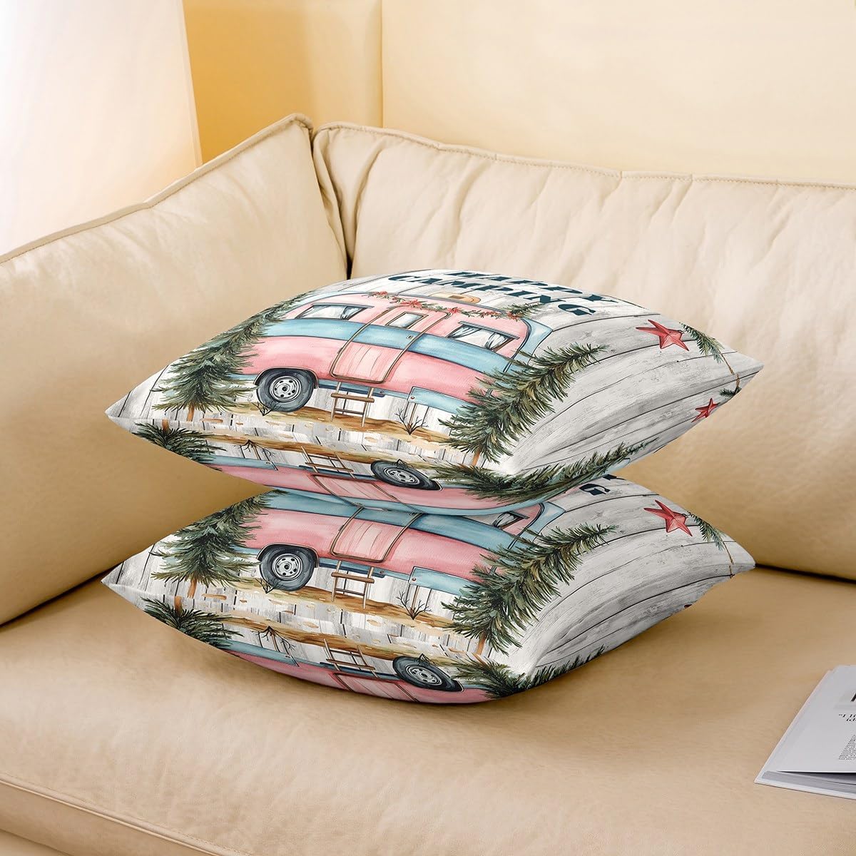 jejeloiu Happy Camping Throw Pillow Covers Set of 1 for Kids Boys Girls 16 x 16-Inch Travel Trailers Themed Cushion Case Rustic Cabin Decor Pillowcase Outdoor Travel Indoor Outdoor Camping Gifts image 3