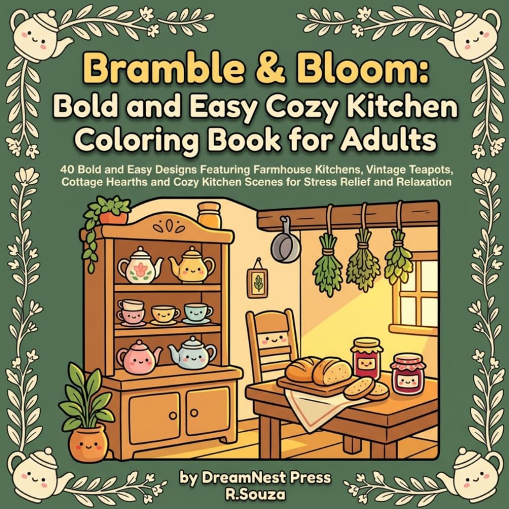 Bramble & Bloom: Bold and Easy Cozy Kitchen Coloring Book for Adults: 40 Bold and Easy Designs Featuring Farmhouse Kitchens, Vintage Teapots, Cottage ... Scenes for Stress Relief and Relaxation