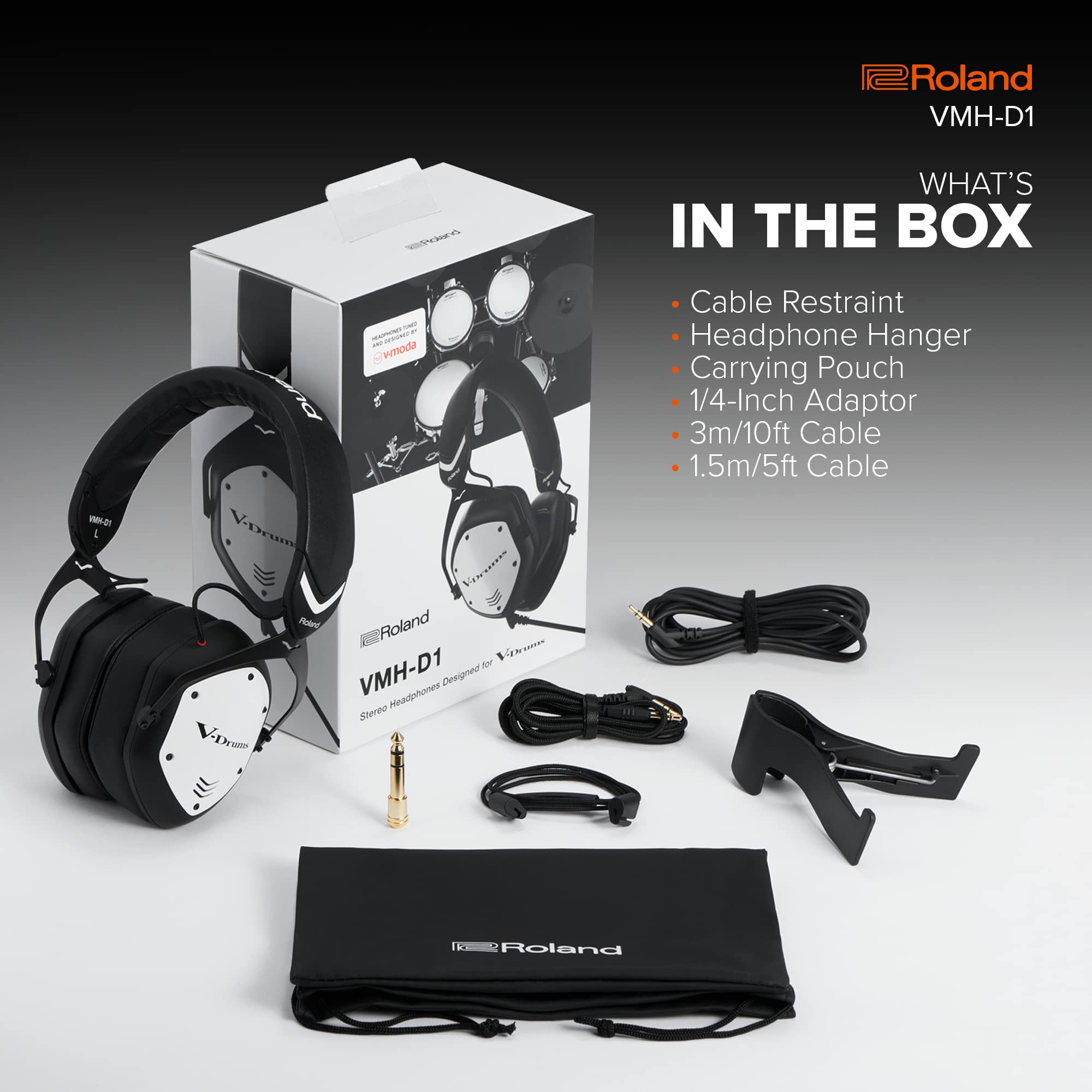 Roland Casque V-Drums VMH-D1 | Roland & V-Moda | Casque pour V-Drums | Son immersif | Confort longue durée | Long câble