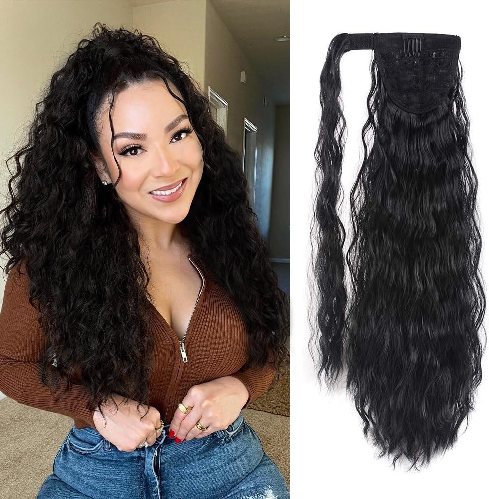 Long Corn Wave Ponytail Extension, 26 Inch Black Wavy Wrap Around Ponytail, Heat Resistant Synthetic Pony Tails Hairpiece for Women Daily Use (1B Natural Black)