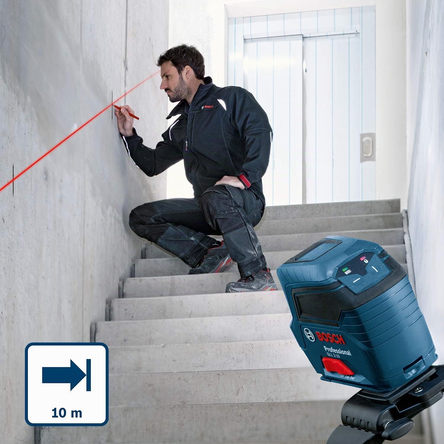 Bosch Professional Livella laser GLL 2-10,laser rosso, da interno, raggio d’azione fino a 10 m, 3x pile AA, custodia protettiva, confezione in cartone