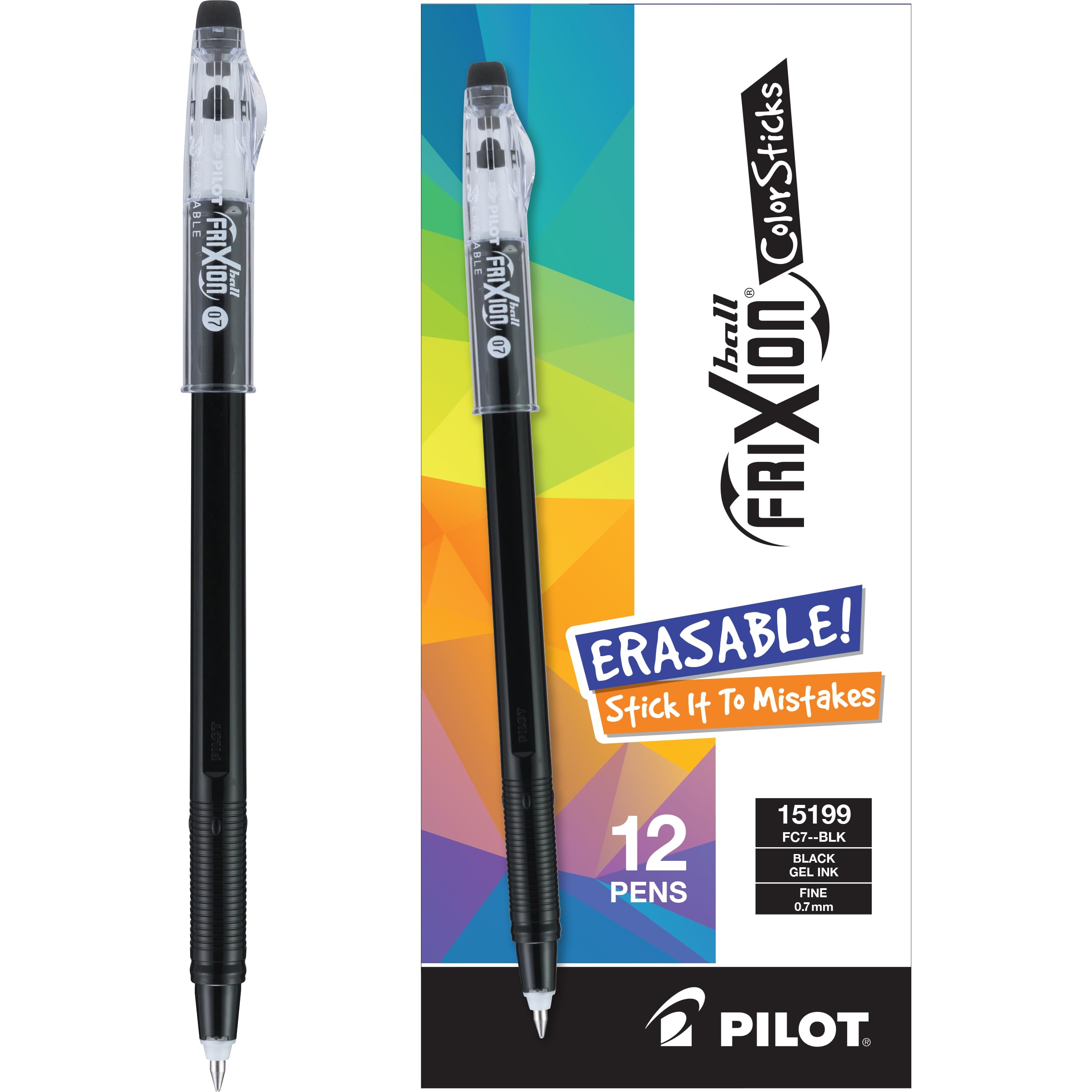 FriXion ColorSticks Erasable Gel Ink Pens, Fine Point 0.7 mm, Black, Pack of 12, Erasable Pens - Ideal for School, Journaling, & Office Writing