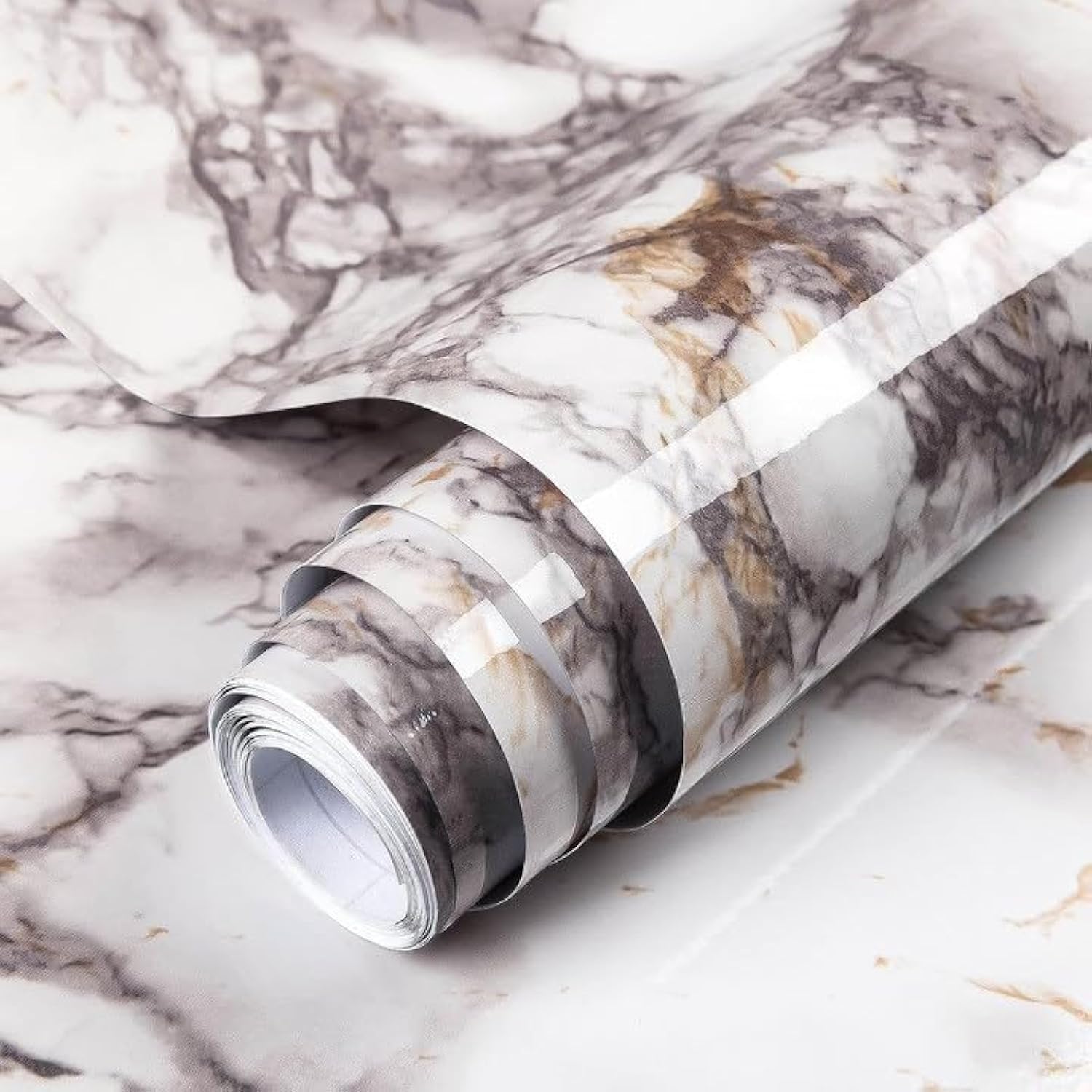 Papier contact marbre blanc autocollant brillant pour plan de travail cuisine 45x1000cm