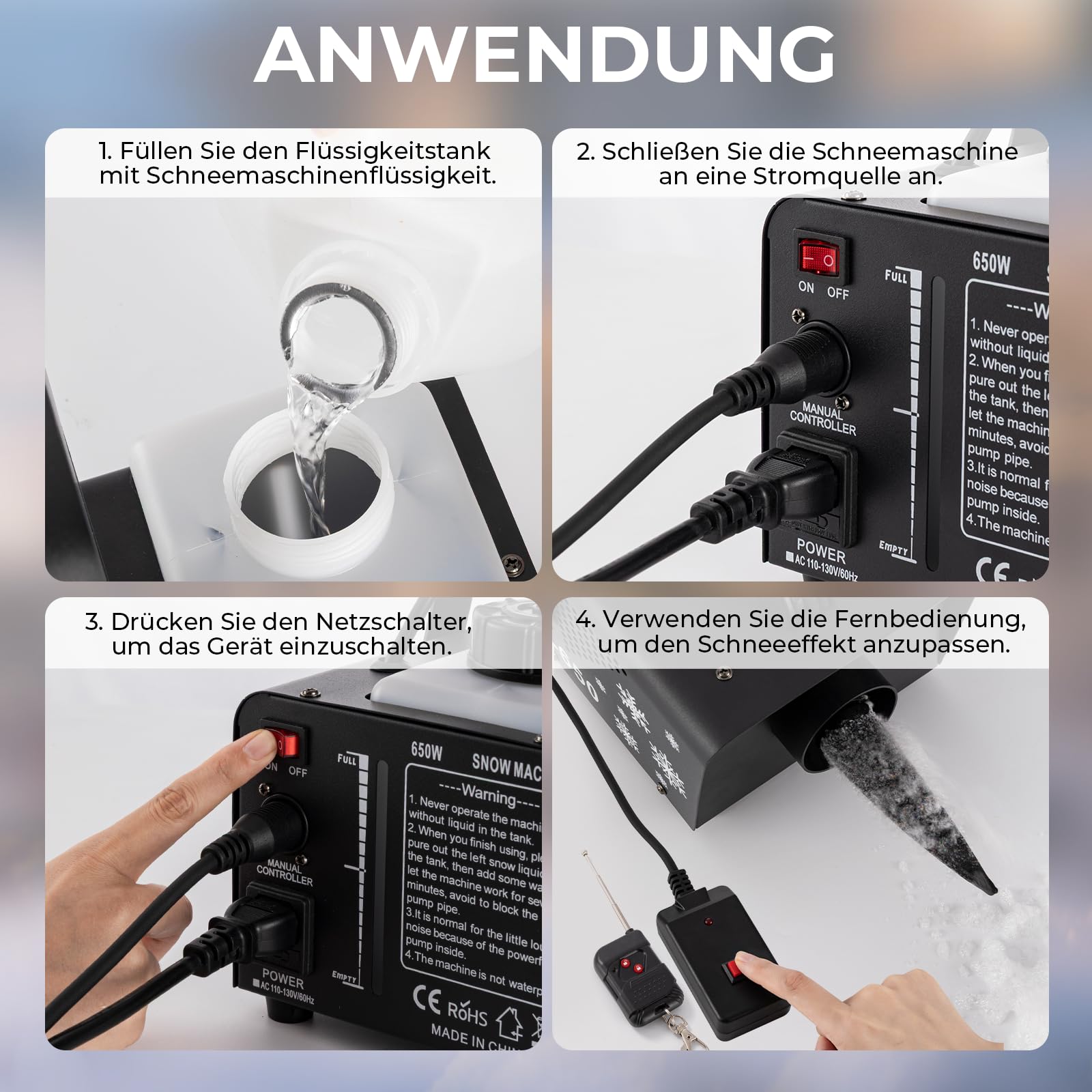 Kunstschneemaschine 600 Watt mit Fernbedienung – Schneekanone für drinnen und draußen mit 6 LED-Leuchten – Ideales Winter- und Partyschneegerät
