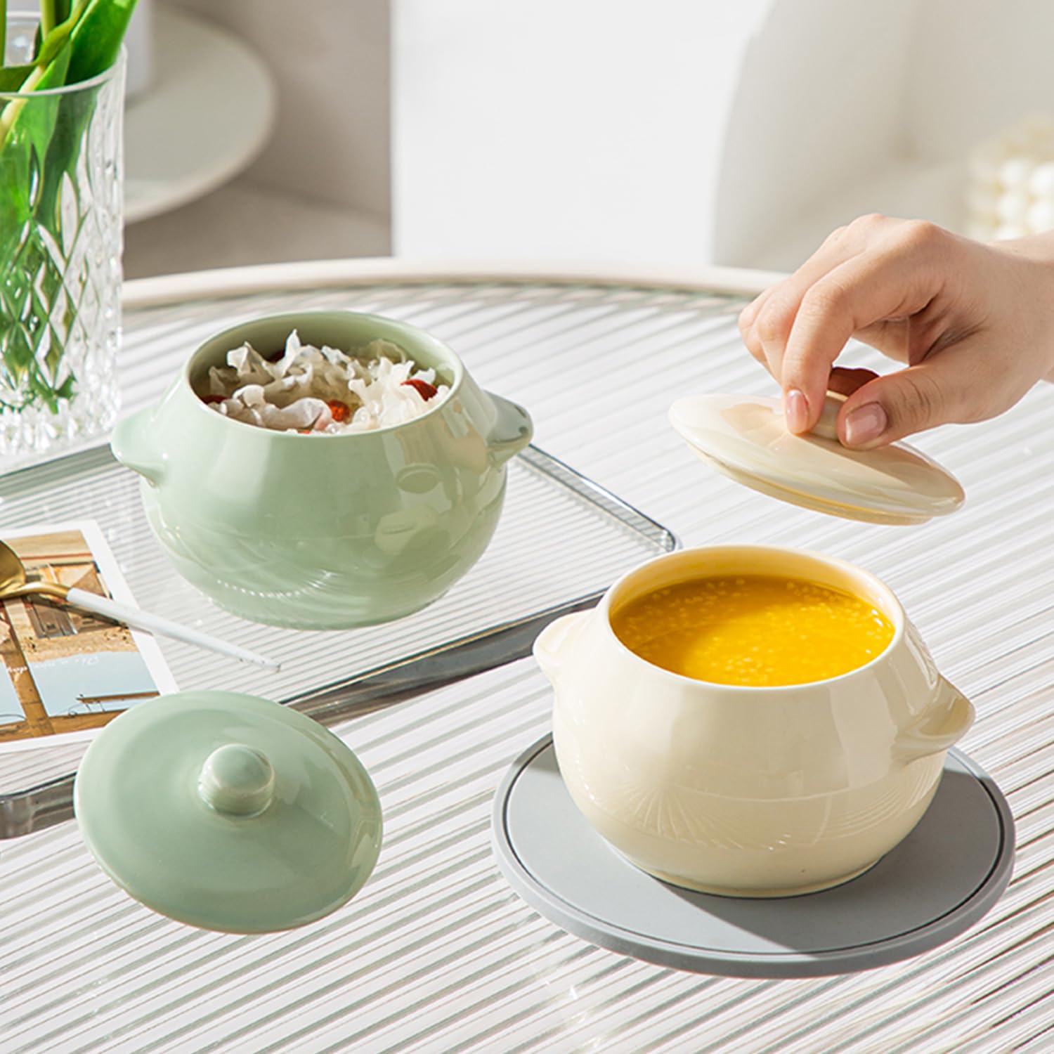 Cuenco pequeño con tapa, 450 ml, apto para horno, microondas, taza de sopa (verde mate)