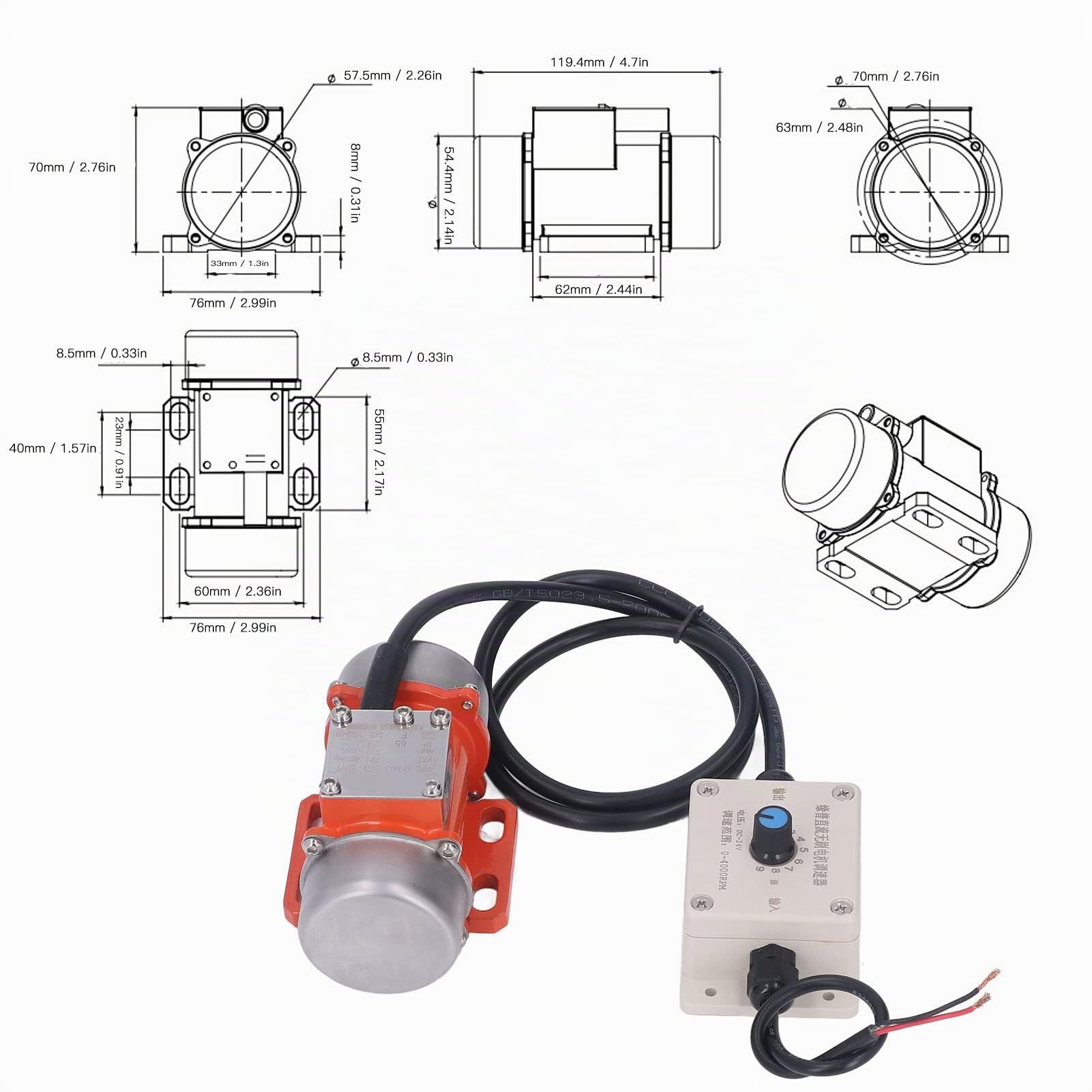 Fockety Motore di Vibrazione del Vibratore per Calcestruzzo, Motore di Vibrazione Elettrico con Cassa in Lega di Alluminio da 30 W 4000 Giri/min con Regolatore di velocità, Motore (DC24V)