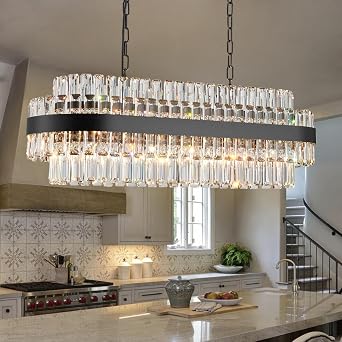 Black Modern Rectangle Crystal Chandelier, 20-Lights Luxury Chandeliers Modern 2-Tiers K9 Crystal Chandelier Pendant, Light Fixture G9 Lights for Dining Living Room Kitchen L 35.4 inch