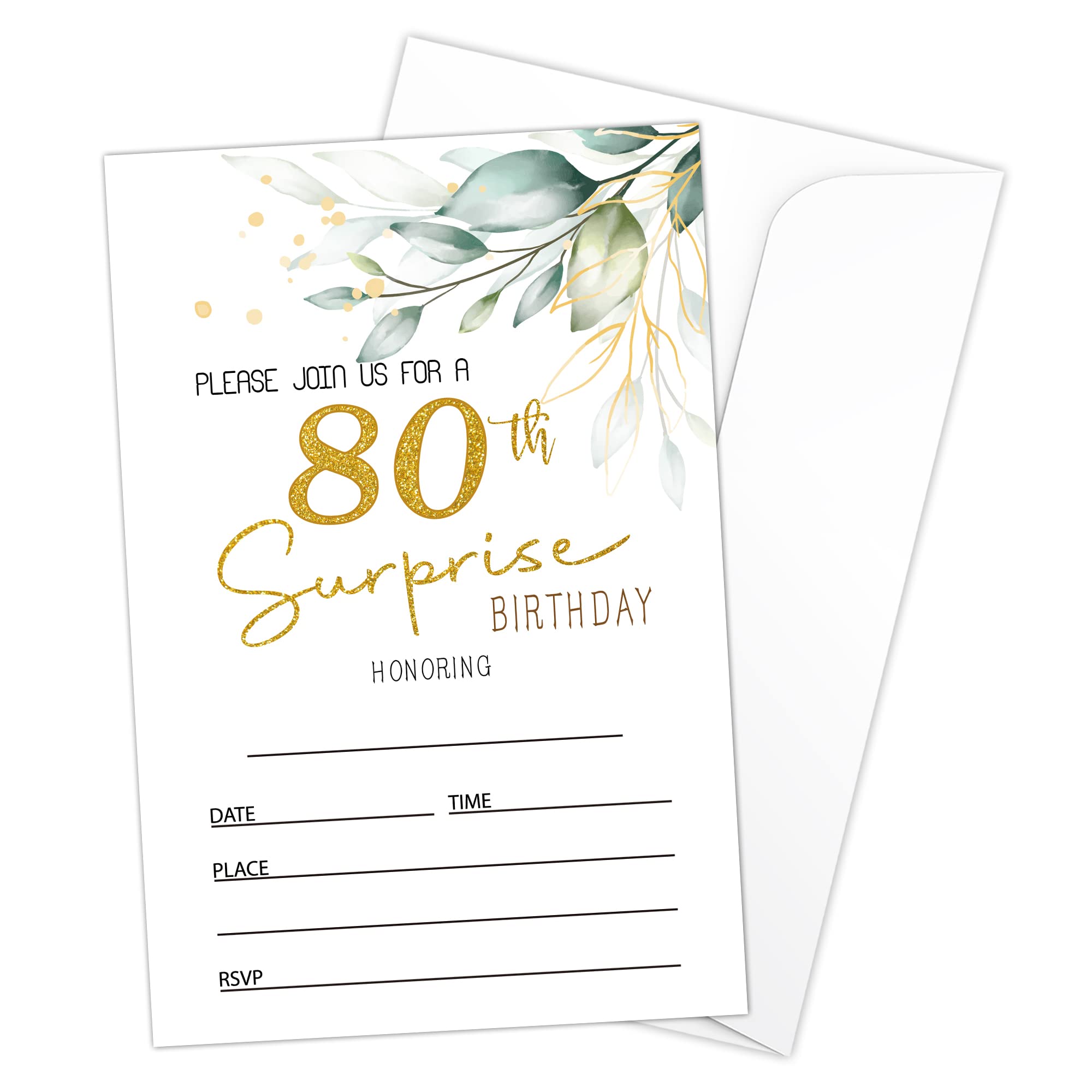 HOUSPEAK 80th Birthday Fill-in Invitations Cards with Envelopes (20 Count)?Greenery Surprise Birthday Party Supplies Decorations, Birthday invites for Woman/Man - B12