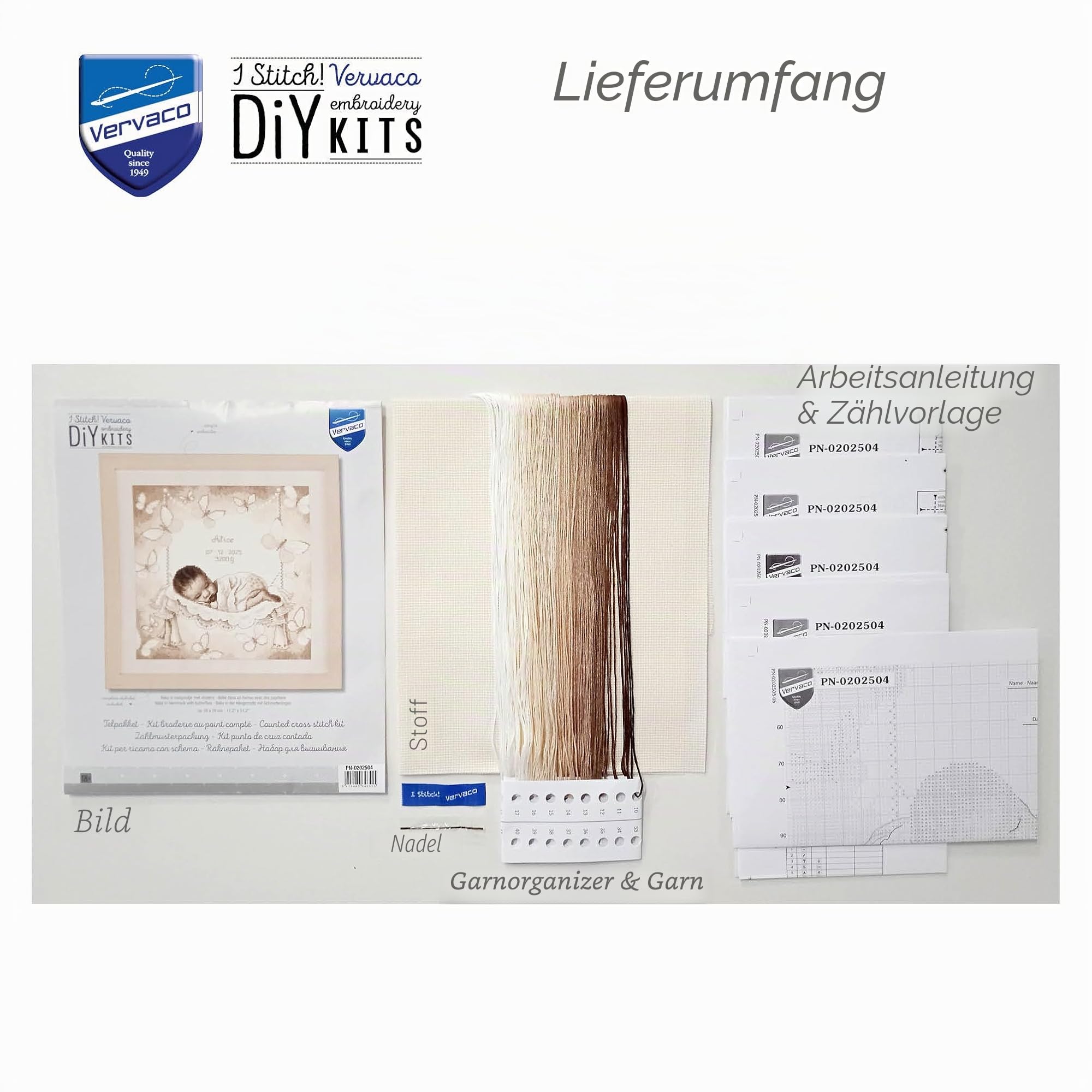 Vervaco Gezählter Kreuzstich Stickpackungen Stickset Baby Geburt Baby in der Hängematte Wanddekoration Handarbeit Set für Erwachsene Kreatives Handwerk ca. 28 x 28 cm Geburt Geschenk Hausdeko