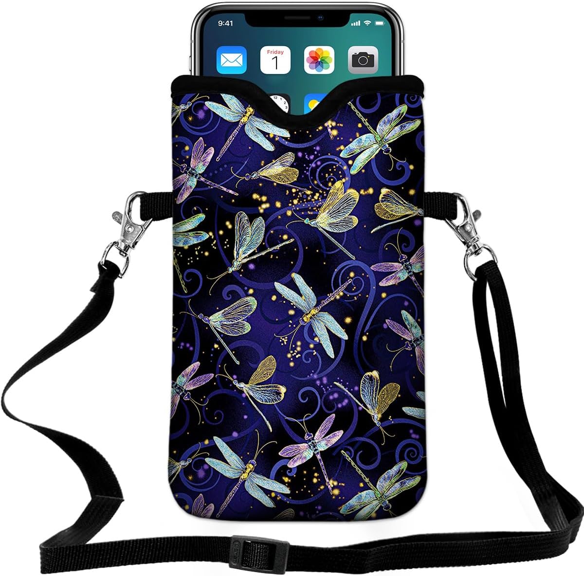 Braytow Universal Neoprene Cell Phone Pouch 7.1 X 4 in Mobile Protection Case Bag with Crossbody Strap/Neck Lanyard Dragonfly Printed Pattern