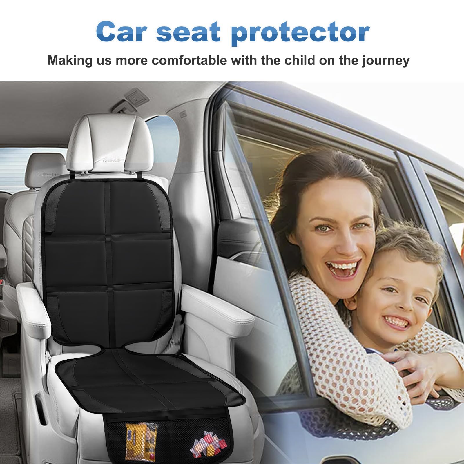 Autositzschoner für Kinderautositz, 2 Stück, Baby-Autositzbezüge mit Netztaschen & Rutschfester Rückseite, 600D strapazierfähiger Sitzschutz unter Babyautositz für Auto-Rücksitz (Schwarz)