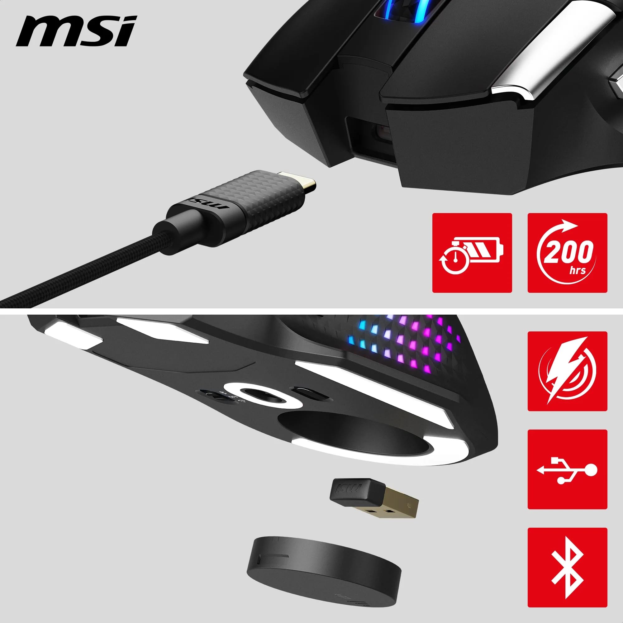 MSI Versa Pro Wireless + Mouse Dock Pro - Ratón Gaming, Sensor óptico de 26.000 PPP, frecuencia de sondeo de 1.000 Hz, diseño para diestros, batería de 80 Horas, con Cable e inalámbrico