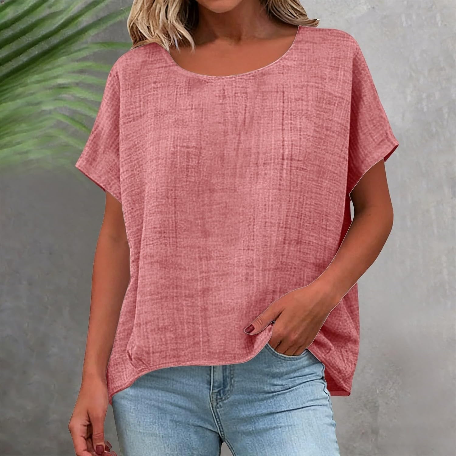 Casual Linen Top for Women, Pullover Loose Fashion Shirts | Soft Round Neck, Loose Batwing Short Sleeves, Lightweight Breathable Fabric, for Summer Outdoor Daily Wear