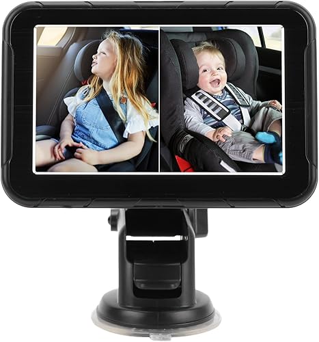 Cámara de coche para bebé, doble canal de 5 pulgadas, 1080P, monitor infantil con 2 cámaras de visión nocturna IR y ángulo de visión amplio de 150