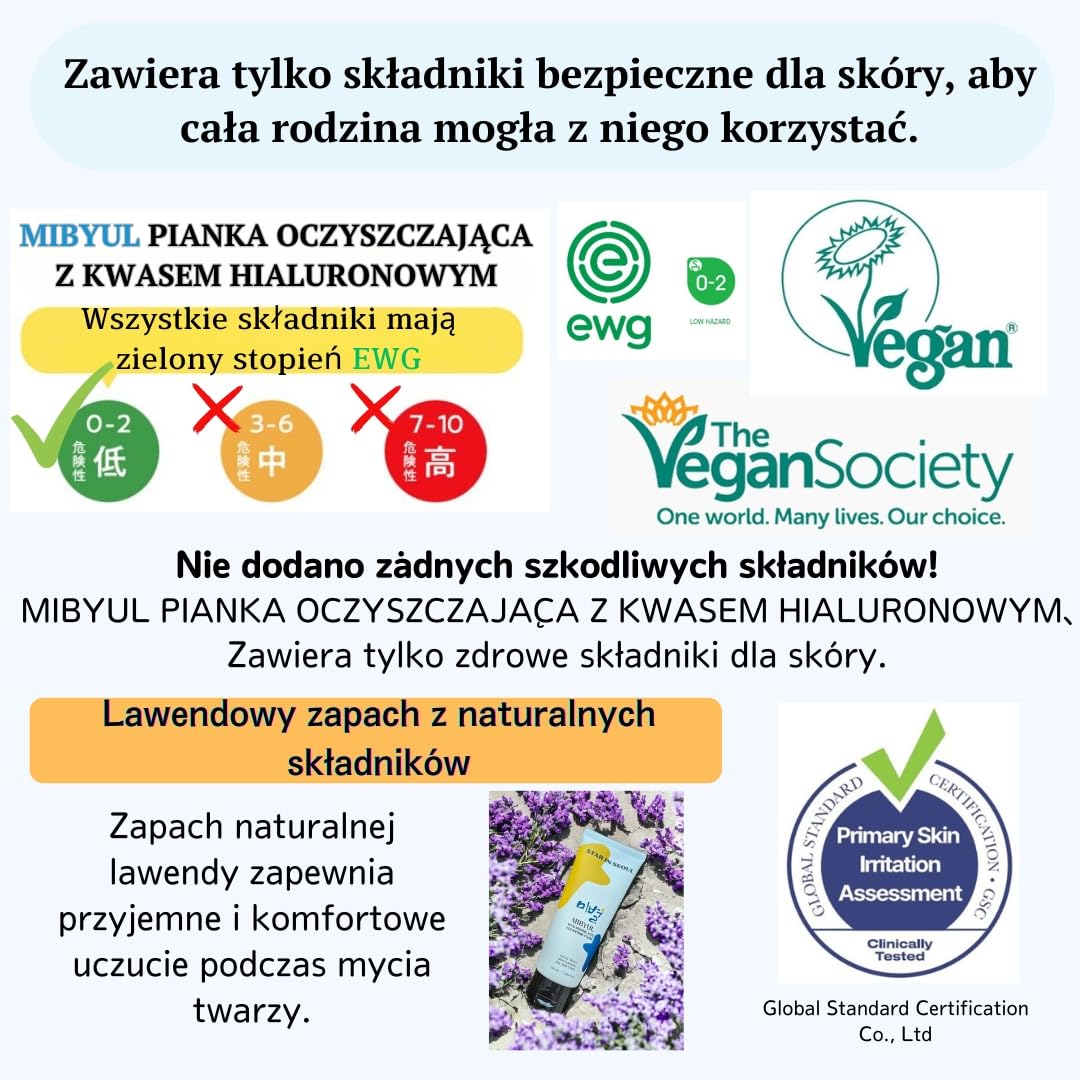 [STAR IN SEOUL] MIBYUL PIANKA OCZYSZCZAJĄCA Z KWASEM HIALURONOWYM, 150 ml, nawilżająca pianka oczyszczająca, polecana do skóry suchej i wrażliwej, Koreański wegański preparat do oczyszczania skóry.