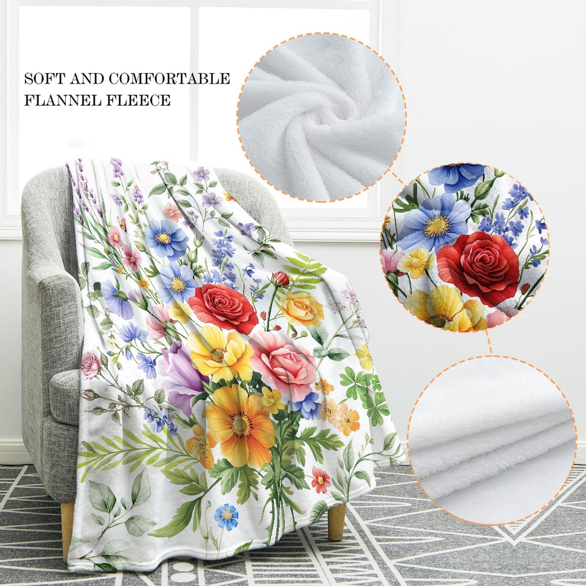 Jekeno Colorful Flowers Floral Christian Blanket Birthday Christmas for Women Girls Mom Wife Spring Red Blue Yellow Flowers Green Leaves Decor Mother's Day Throw Blanket 60"x80"