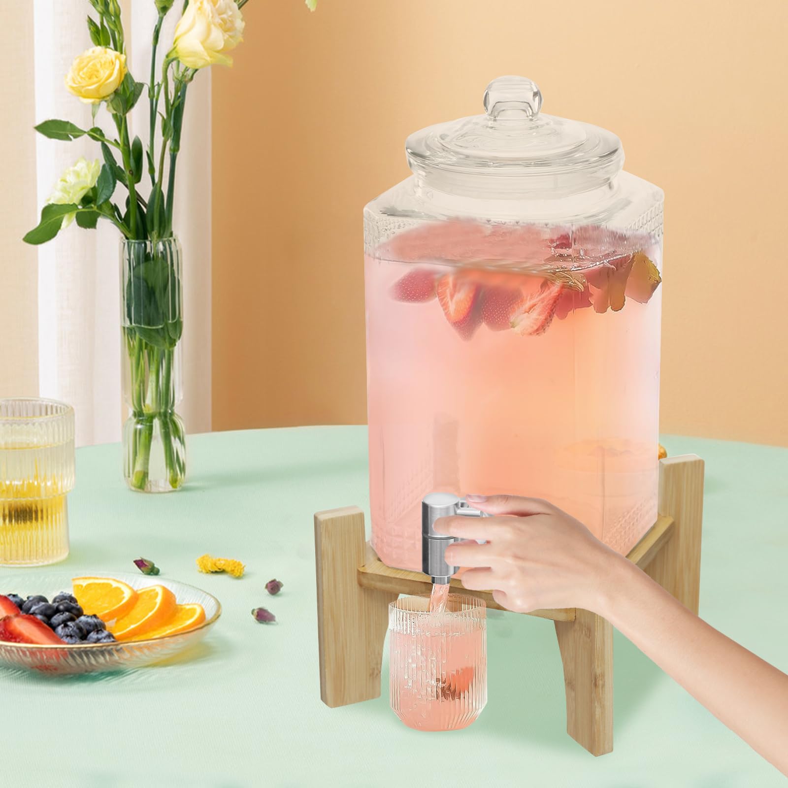 Dispenser di bevande in vetro con rubinetto, distributore di succhi d'acqua, capacità 5 litri per teiera alla frutta per la preparazione di tè freddo, limonata e succhi di frutta