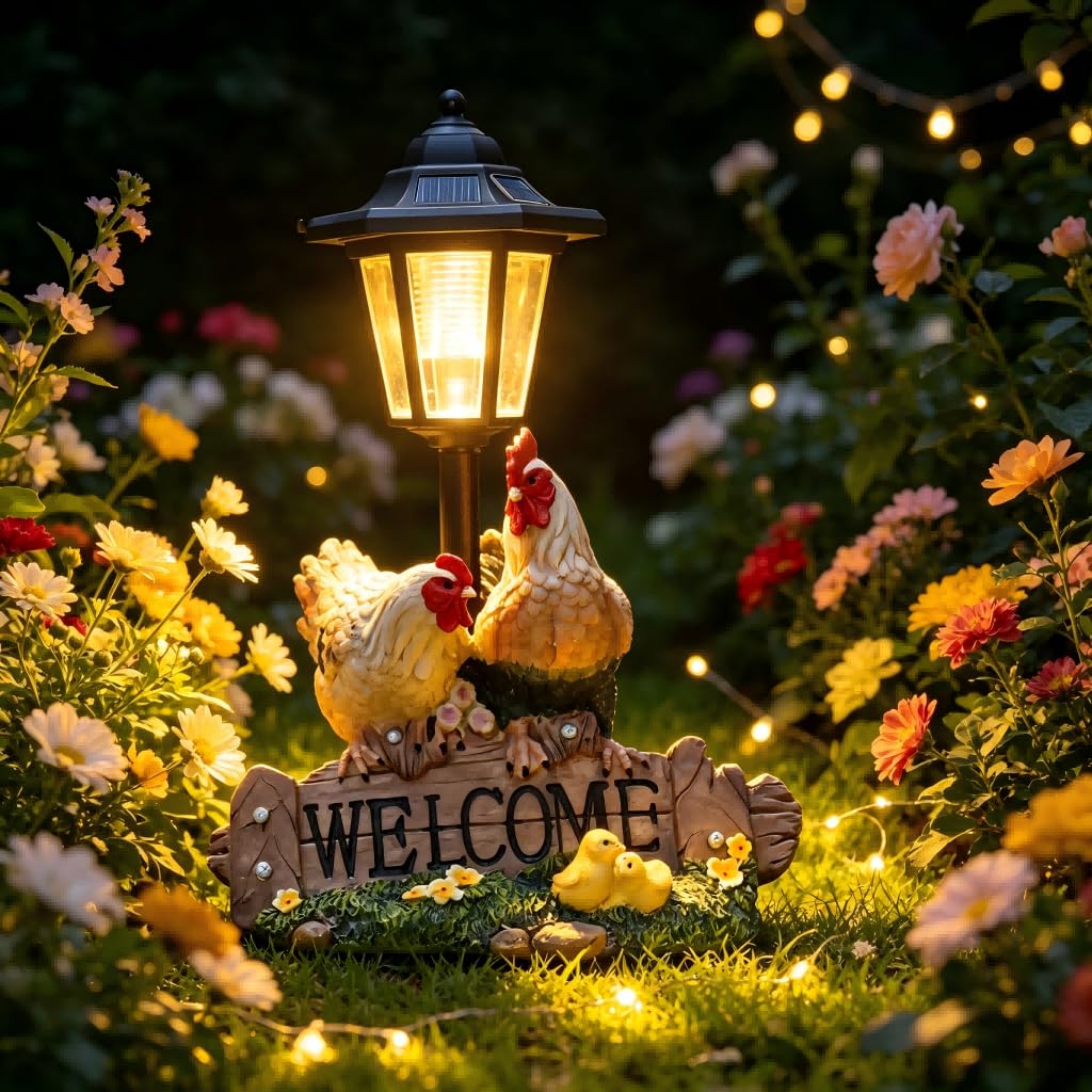 Gallo solare gallina giardino luce calda LED resina ornamento