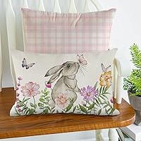 Vista 5 de LOMCHEN Fundas de almohada de Pascua de 12 x 20 pulgadas, acuarela, diseño floral, conejo, flores de primavera, mariposa, Pascua, funda de almohada