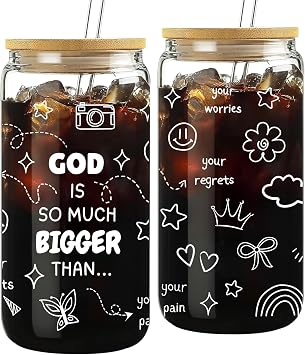 Mikopei Christian Gifts for Women Faith - Encouragement Glass Cups with Lids and Straws, Religious Inspirational Gifts for Women Friends Catholic Spiritual Decor Iced Coffee Cup for Birthday,16 oz