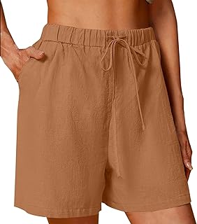 Generisch Pantalones cortos de lino para mujer, color liso, cómodos pantalones cortos de ocio con pierna ancha, pantalones de cinco octavos pantalones 3/4 para mujer, 40, café, XL
