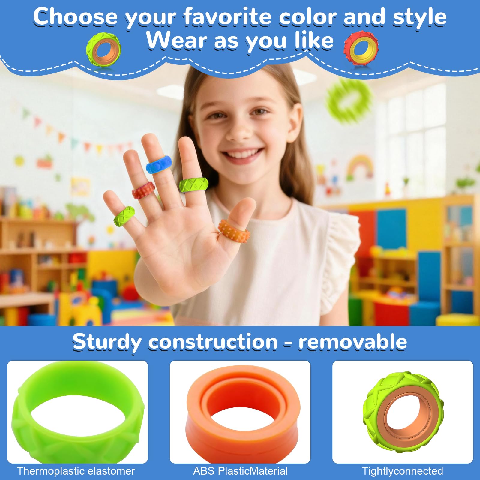 Fidget Ring Zabawki dla dzieci Dorośli Finger Spinner Rings Pomoc w koncentracji dla dzieci Szkoła Uspokajanie stresu Lęk Antystres Zabawka z autyzmem Fidget Squishy Toy Children 3 lata i więcej 12Pcs