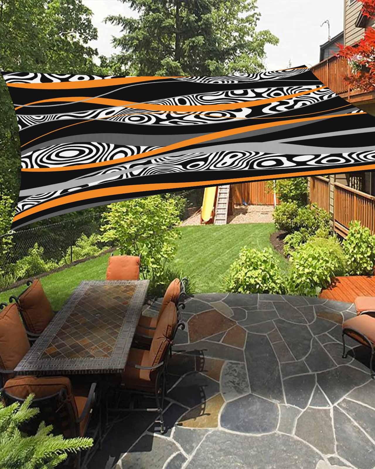 Boanket Sun Shade Sail 12' x 16', Orange Geometric Sun Blocking Shades Privacy Outdoor Covering, Black White Moire Modern Abstract Art Shade Cloth for Patio Deck Terrace Garden Lawns Beach Backyard