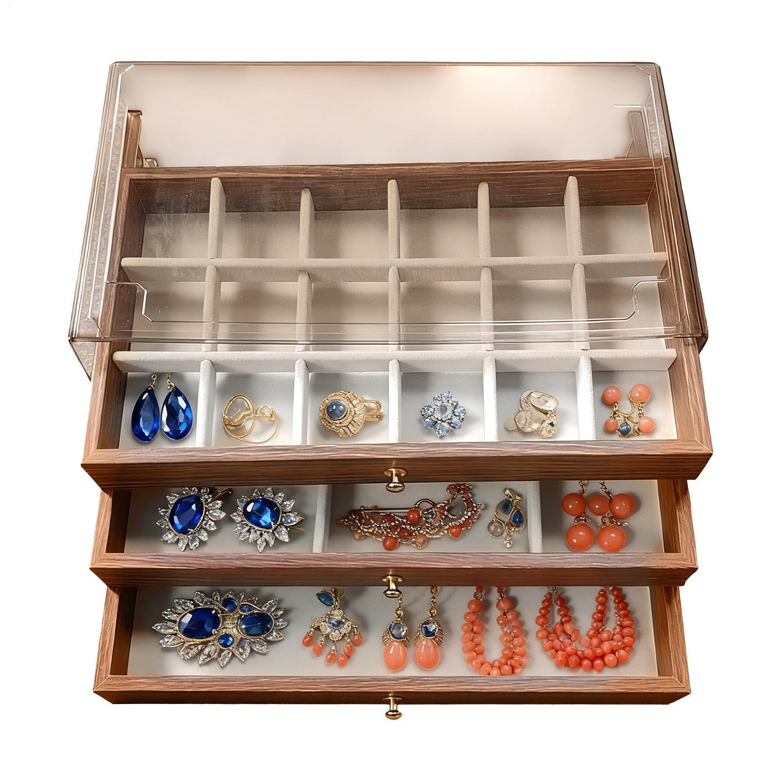 Caja de almacenamiento para joyas de madera multicapa para armario de mujeres